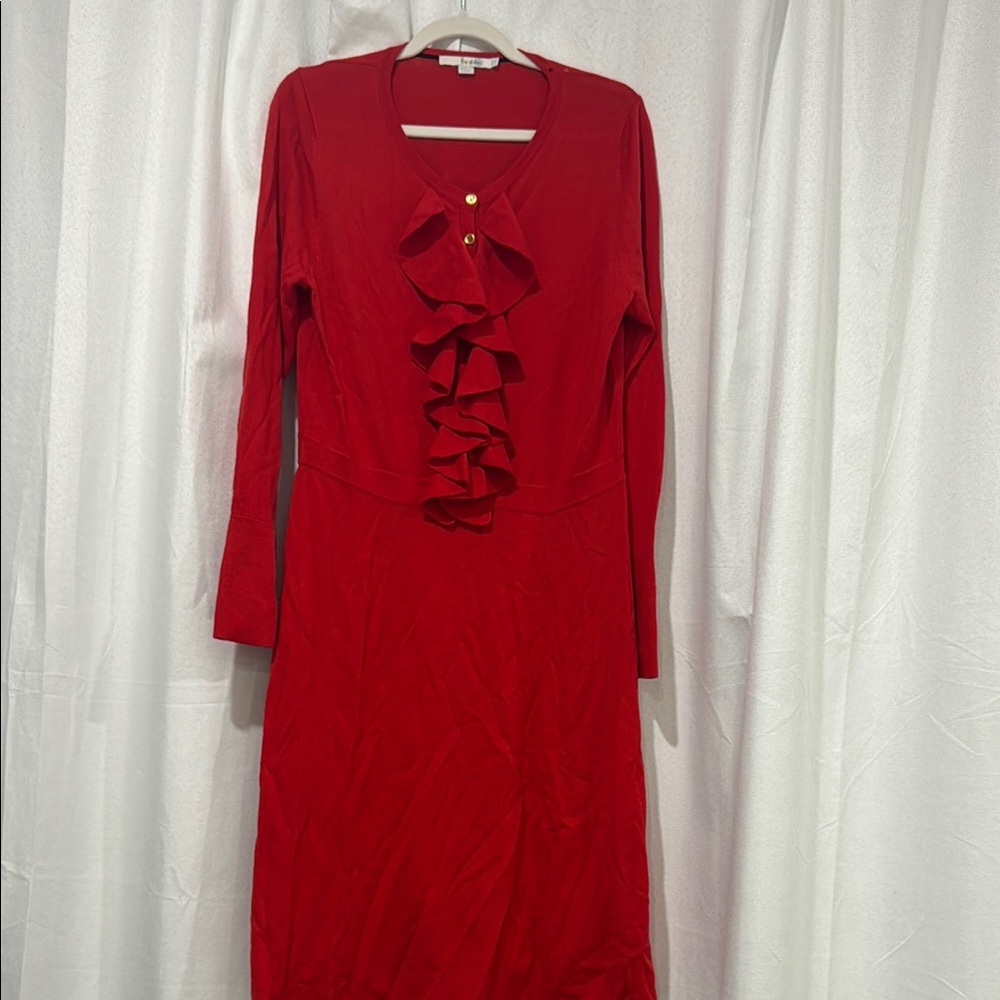 Boden Red Ruffled Long Sleeve Sheath Dress